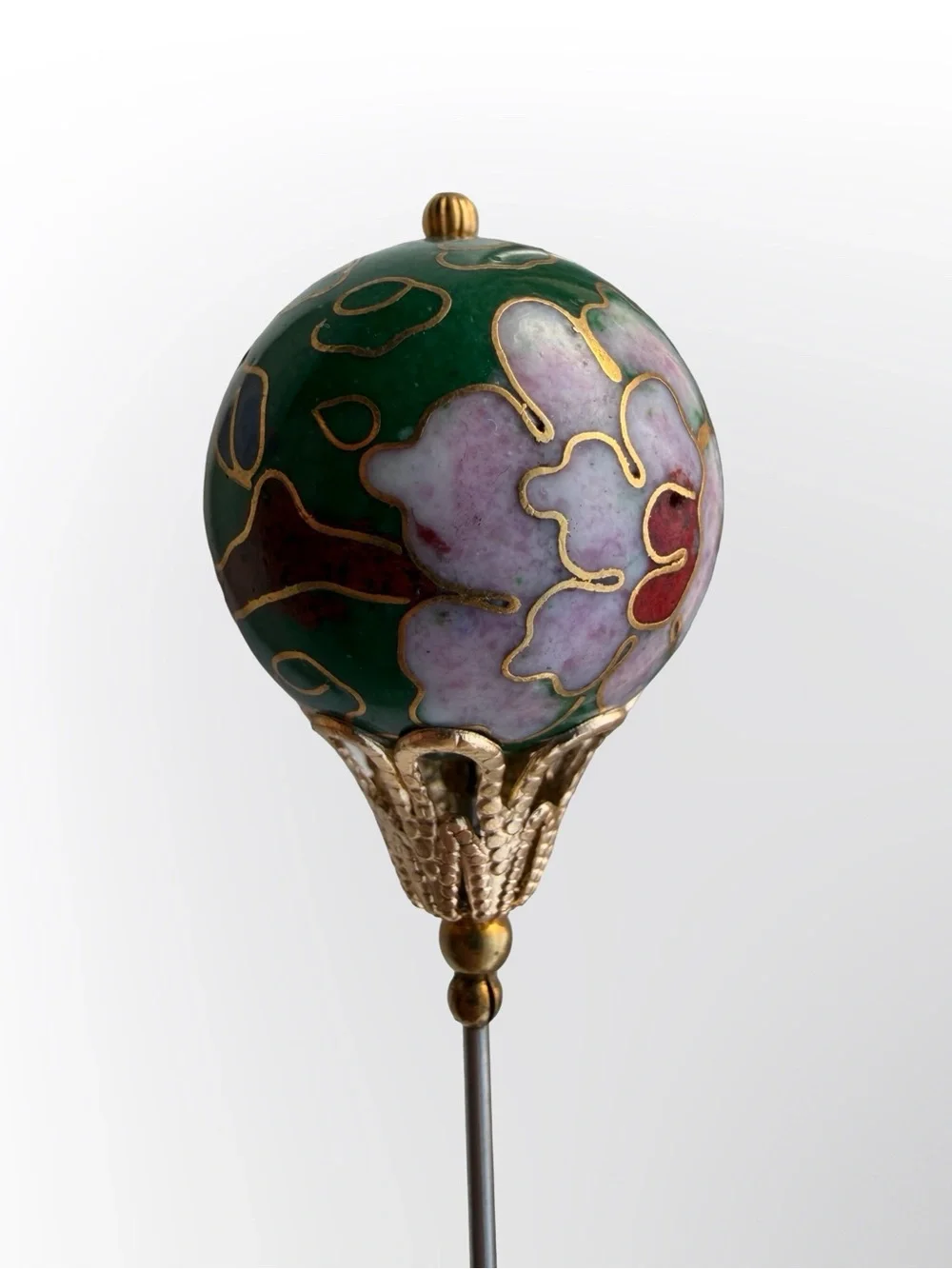 Vintage Chinese Cloisonné Floral Hat Pin Pink Green Enamel Gold Tone